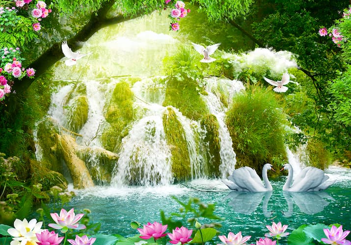 фотошпалери водоспад лебіді 286440602_AI